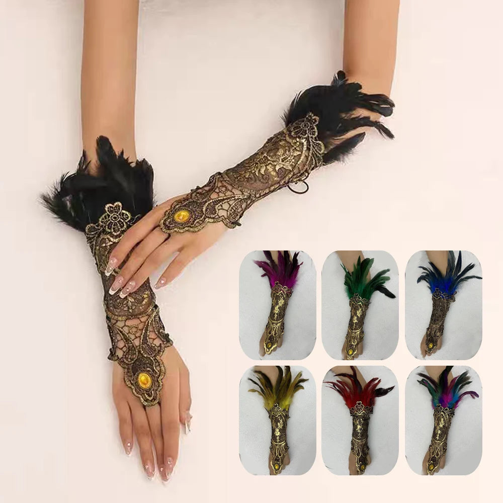 Lace Feather Gloves Holloween Long Gloves Hook Finger Embroidery Mittens Mesh Sleeve Lace Cuff Fingerless Arm Warmer