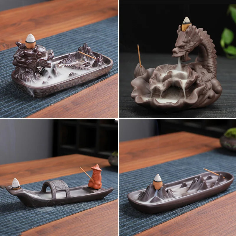 Backflow Incense Burner Ceramic Purple Sand Incense Stove Zen Buddhist Hand Incense Stick Holder Home Office Decoration Ornament