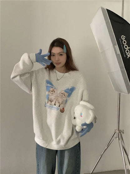 Chic Sweet O-neck Printed Hoodie Women Aesthetic Cartoon Kawaii Clothes Loose Casual Long Sleeve Y2K Top Harajuku Sweatshirts