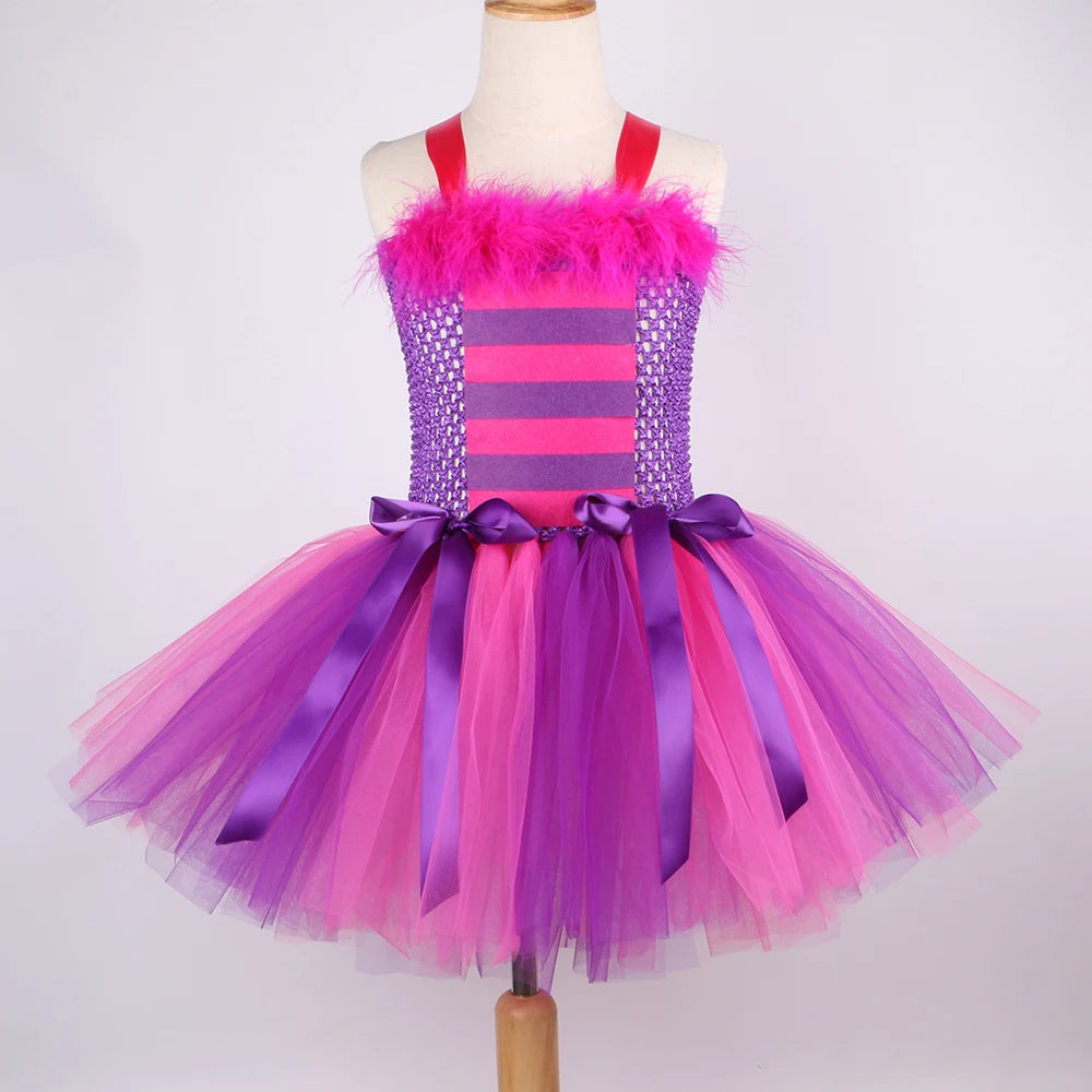 Cheshire Cat Tutu Dress Girls Halloween Carnival Party Clothes Wonderland Alice Cat Costume Kids Fancy Fairy Tale Princess Dress