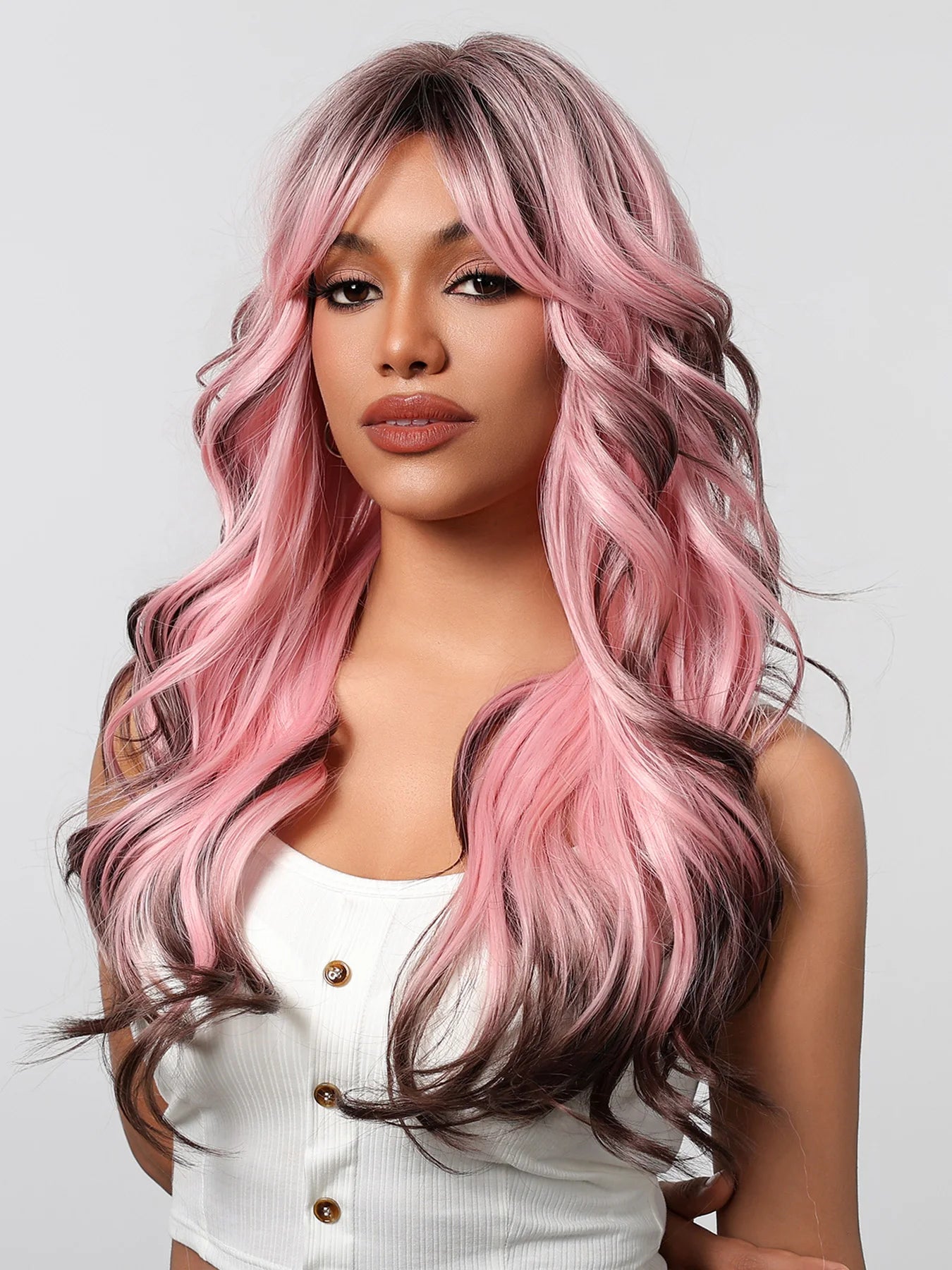 Black Pink Ombre Synthetic Wigs Long Body Wave Colored Wigs with Bangs Loose Wave Wig for Afro Women Brazilian Halloween Cosplay