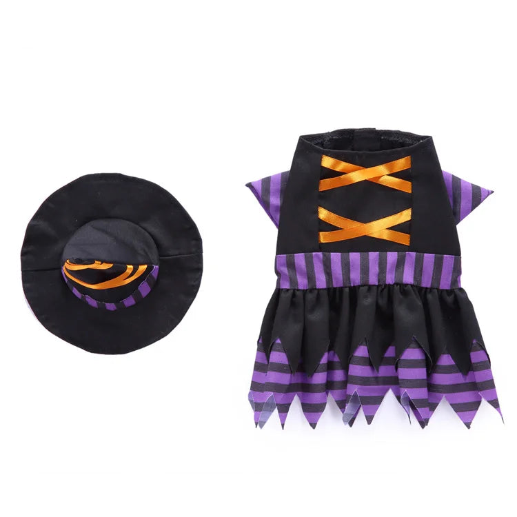 Cute Dog Purple Dress For Small Dogs 2pc Dropshipping Pet Cosplay Stripes With Hat Cat Clothes Holloween Costume Witch Gown