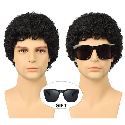 Synthetic Mens Short Afro Curly Wig for Male 70s 80s Disco Guy Rocker Wig Halloween Cosplay Fancy  for Daily Party Costume（1B）