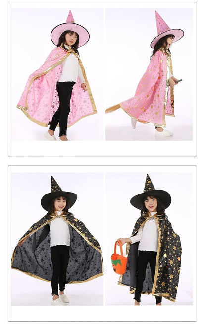 Kids Costume Teens Sparkly Halloween Cloak with Witch Hat Children Outfit Boy Girl Birthday Dress Up Long Party Photography Prop