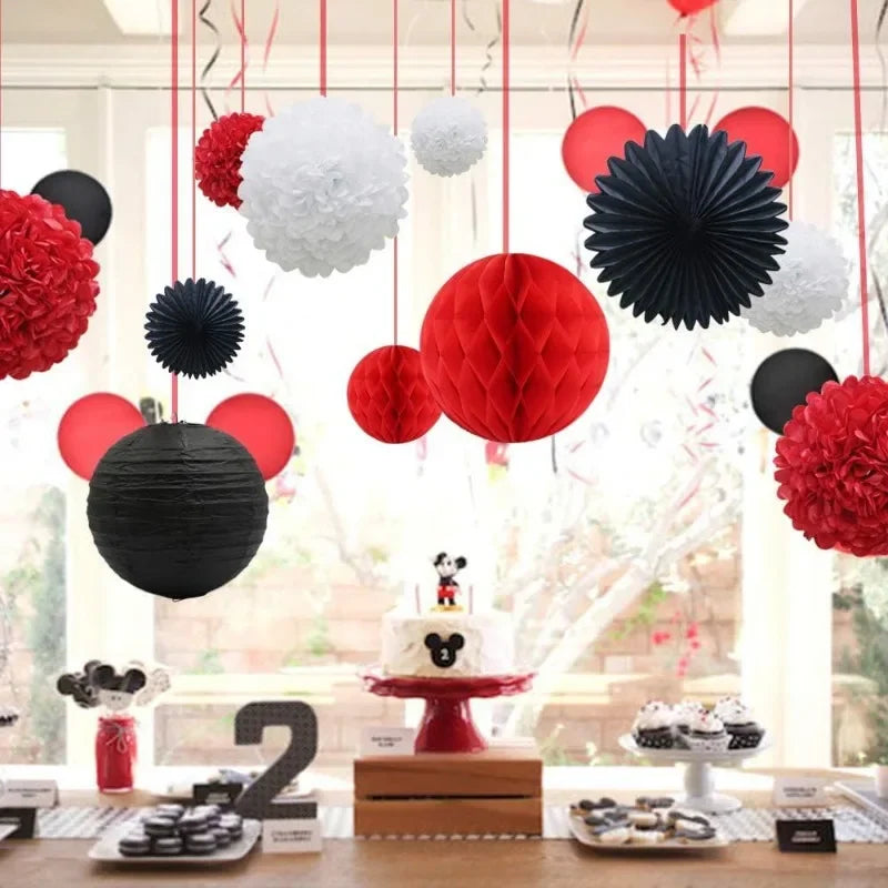 Red White Black Holloween Party Decoration 16pcs Paper Pom Poms Honeycomb Balls Lanterns Tissue Fans for Ladybird Birthday Party