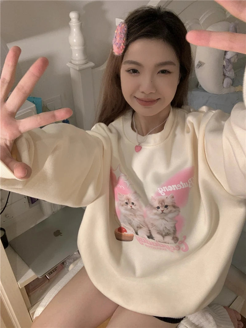 Chic Sweet O-neck Printed Hoodie Women Aesthetic Cartoon Kawaii Clothes Loose Casual Long Sleeve Y2K Top Harajuku Sweatshirts