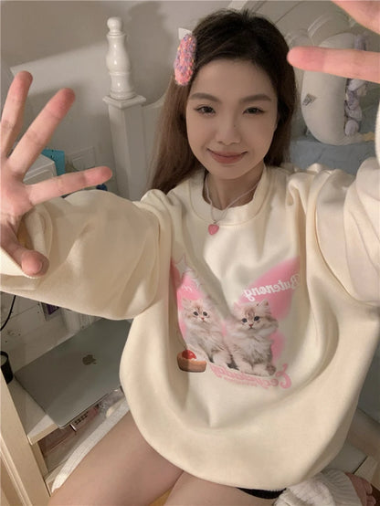 Chic Sweet O-neck Printed Hoodie Women Aesthetic Cartoon Kawaii Clothes Loose Casual Long Sleeve Y2K Top Harajuku Sweatshirts