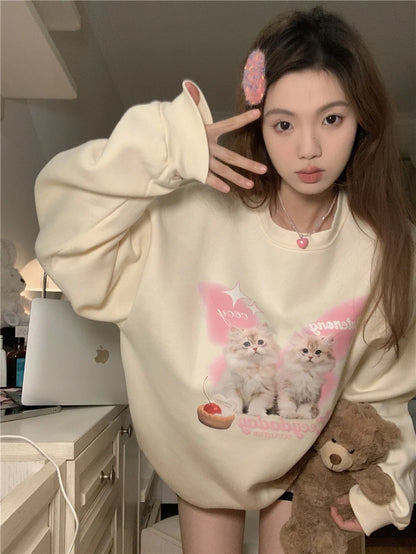 Chic Sweet O-neck Printed Hoodie Women Aesthetic Cartoon Kawaii Clothes Loose Casual Long Sleeve Y2K Top Harajuku Sweatshirts