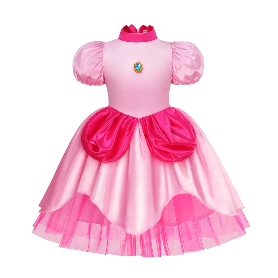 Princess Peach Chiffon Lace Girls Cosplay Dress Baby Kids Vestidos Party Dresses Carnival Halloween Costume for 3-11 years