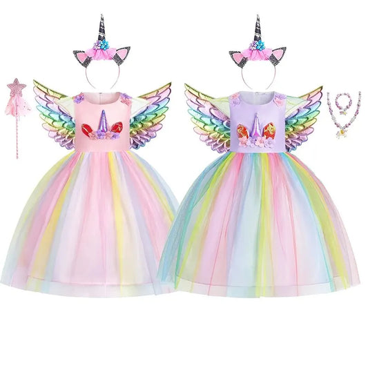 Girls Rainbow Unicorn Dance Party Tutu Kids Dress Up Cosplay Ball Gown Princess Costume Birthday Gift Halloween Carnival