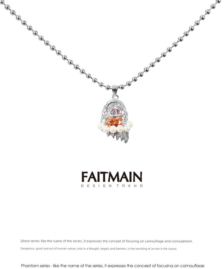 Faitmain Niche Style Sterling Silver Ghost Necklace Little Devil Pearl Pendant Sweet Cool Sweater Chain Halloween Gift Tide