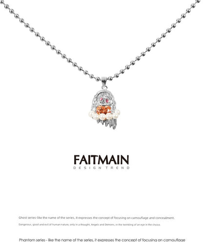 Faitmain Niche Style Sterling Silver Ghost Necklace Little Devil Pearl Pendant Sweet Cool Sweater Chain Halloween Gift Tide