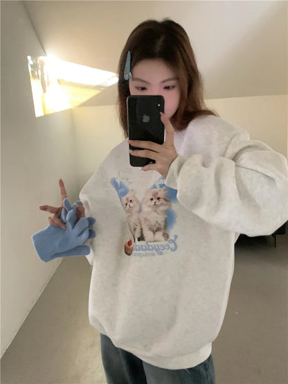 Chic Sweet O-neck Printed Hoodie Women Aesthetic Cartoon Kawaii Clothes Loose Casual Long Sleeve Y2K Top Harajuku Sweatshirts