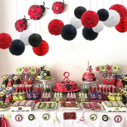 Red White Black Holloween Party Decoration 16pcs Paper Pom Poms Honeycomb Balls Lanterns Tissue Fans for Ladybird Birthday Party