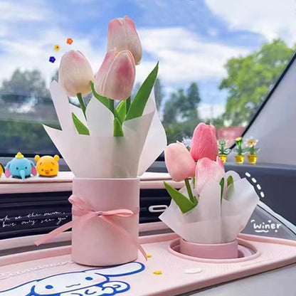 Artificial Tulip Flower Bucket Mini PU Tulip Barrel Packaged Bouquet DIY Fake Tulip Flower Birthday Gifts Car Interior Decor