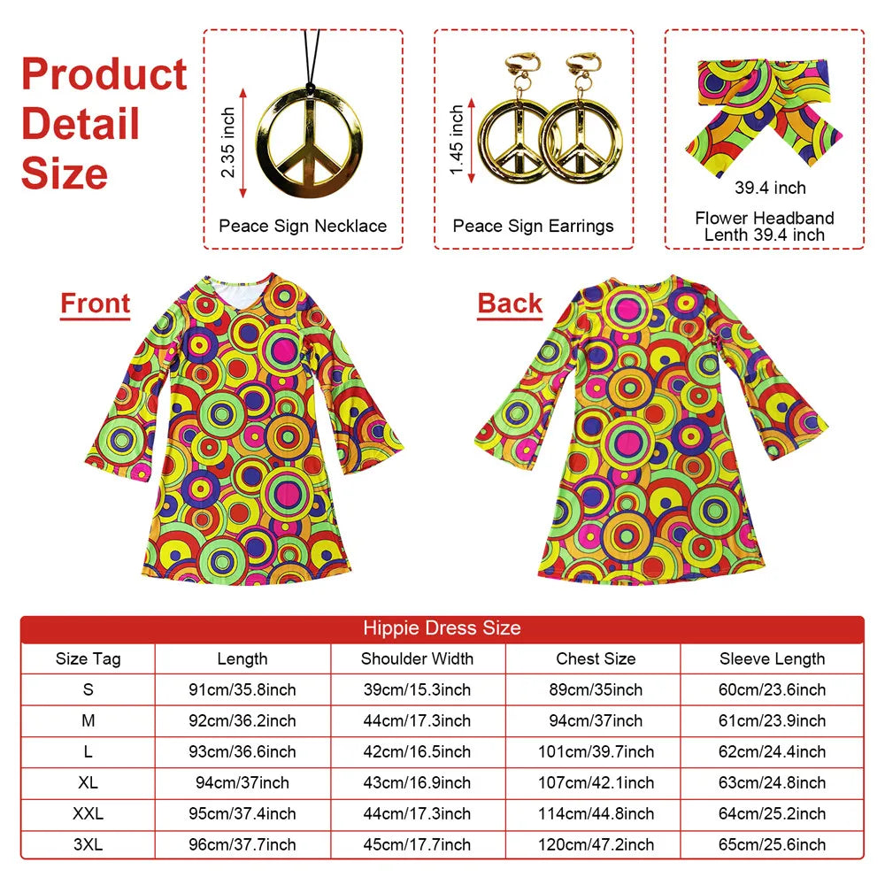 5pcs Set 60s 70s Women Hippie Costume Accessories Hippie Disco Dress , Halloween Boho Flared Hippie Dress