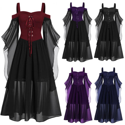 2022 Gothic Medieval Dress Cosplay Carnival Dresses Women Cold Shoulder Butterfly Sleeve Lace Up Halloween Dress Robe Femme