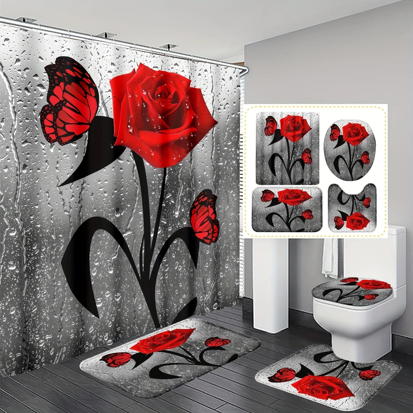 4pcs Elegant Rose Print Shower Curtain Set - Water-Resistant, Decorative Bathroom Ensemble with Non-slip Mats and  - Ideal for