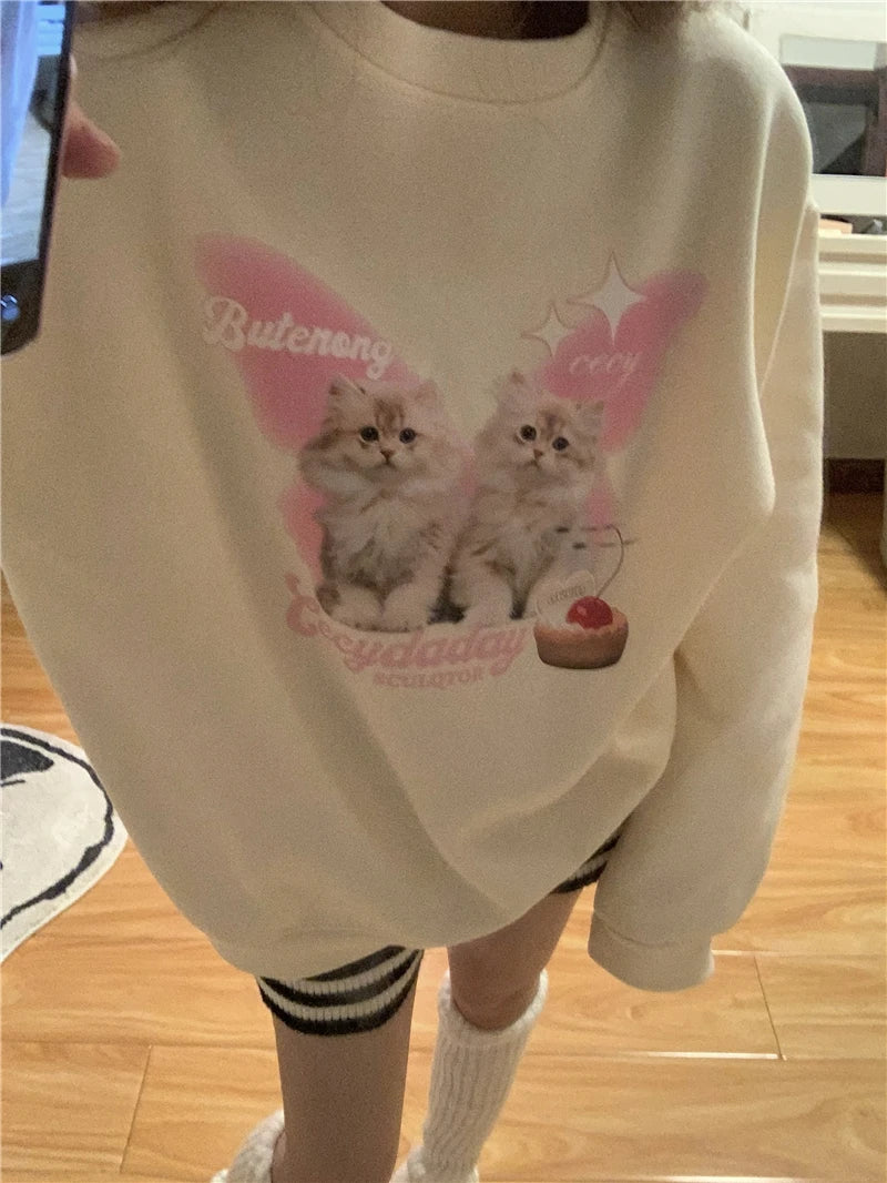 Chic Sweet O-neck Printed Hoodie Women Aesthetic Cartoon Kawaii Clothes Loose Casual Long Sleeve Y2K Top Harajuku Sweatshirts