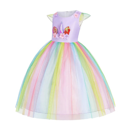 Girls Rainbow Unicorn Dance Party Tutu Kids Dress Up Cosplay Ball Gown Princess Costume Birthday Gift Halloween Carnival