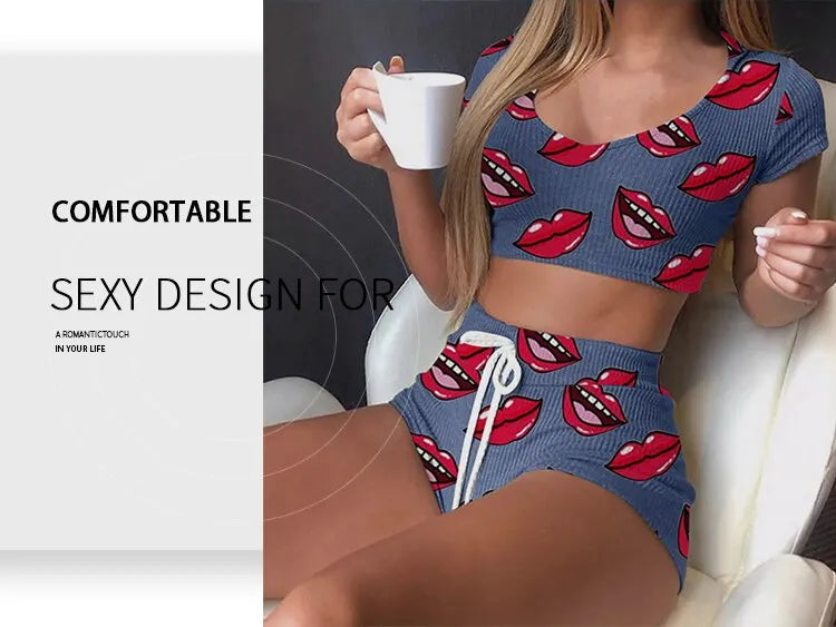 Summer Short Sexy Casual Lips Print Female Sleepwear Suit Pajamas 2pcs Top+Pants Skinng Women Homewear Underwear