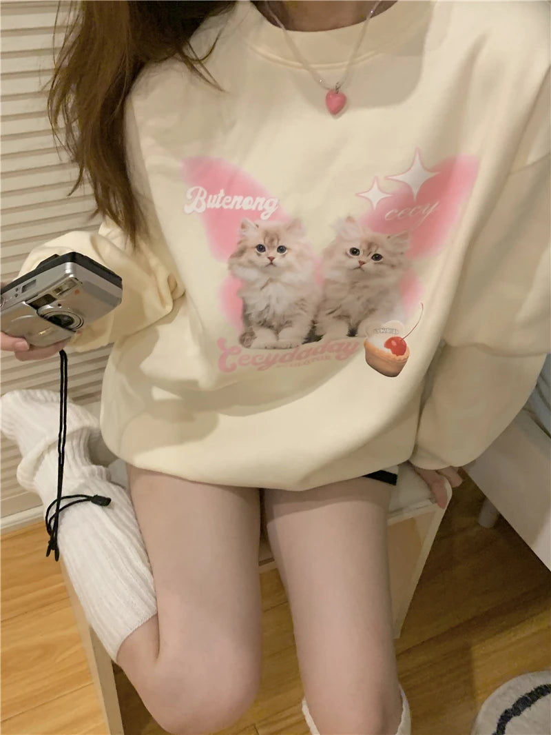 Chic Sweet O-neck Printed Hoodie Women Aesthetic Cartoon Kawaii Clothes Loose Casual Long Sleeve Y2K Top Harajuku Sweatshirts