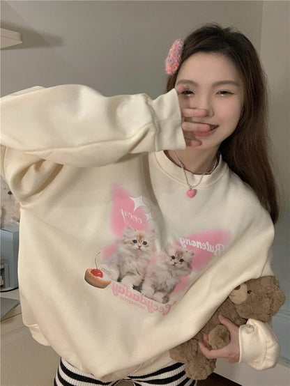 Chic Sweet O-neck Printed Hoodie Women Aesthetic Cartoon Kawaii Clothes Loose Casual Long Sleeve Y2K Top Harajuku Sweatshirts