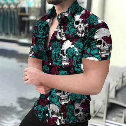 2023 News Hawaiian Horror Skull Men's Shirt Floral 3D Print Lapel Single Button Fashion Casual Beach Top Passionate And Spicy