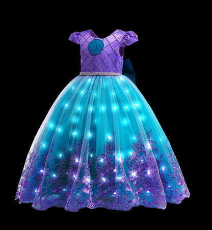 Disney 2024 Evening Party Girls LED Lights Frozen Elsa Anna Princess Ariel Dress Coslplay Halloween Luminous Prom Gowns