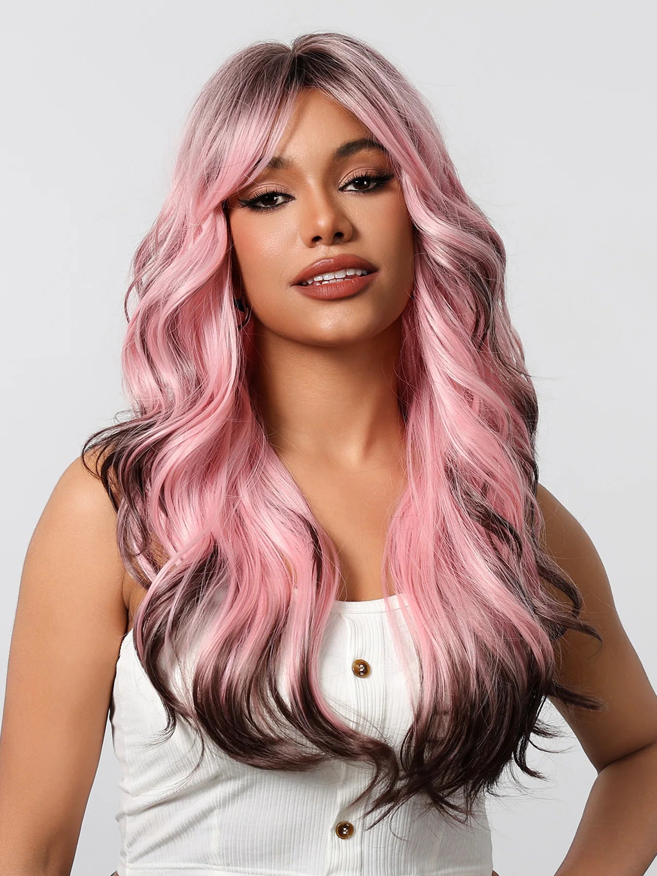 Black Pink Ombre Synthetic Wigs Long Body Wave Colored Wigs with Bangs Loose Wave Wig for Afro Women Brazilian Halloween Cosplay