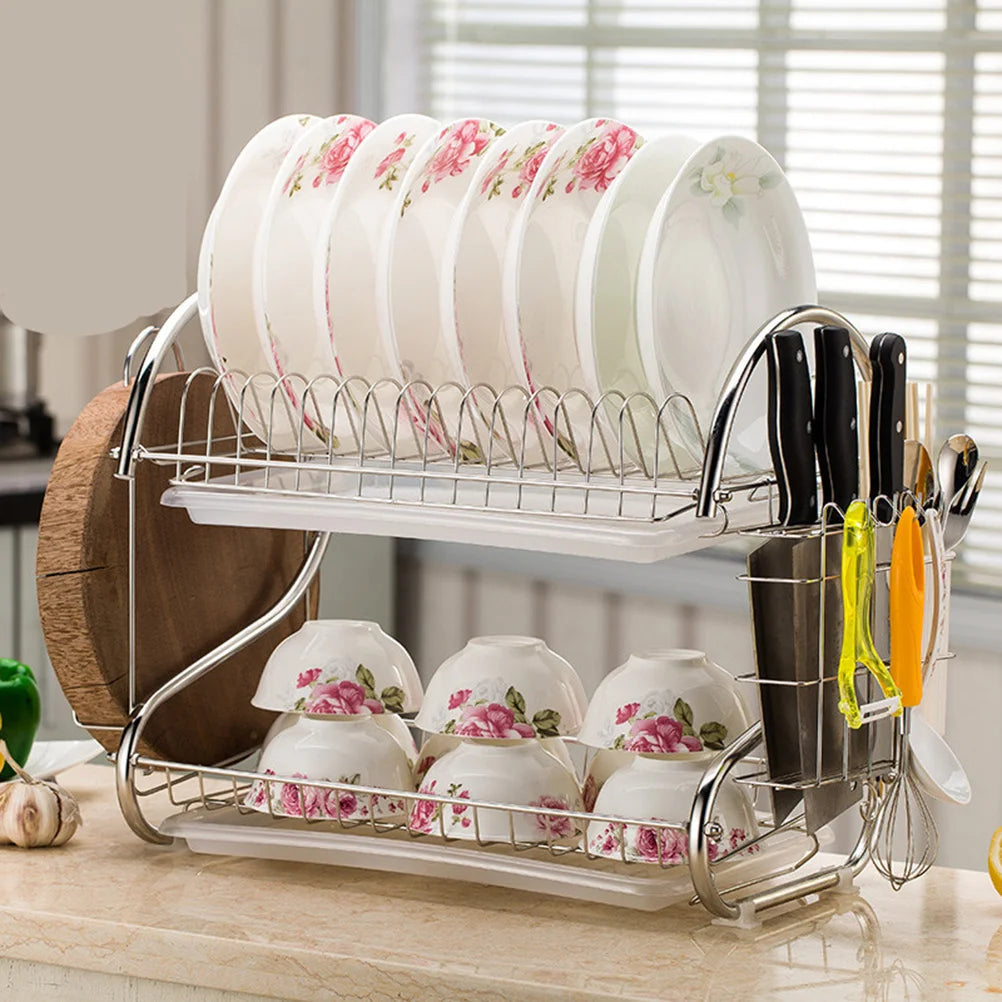 Dish Drying Rack Stainless Steel Dish Rack for Kitchen 2 Tier Rust- Proof Dish Drainer with Drying Board and Dishwasher