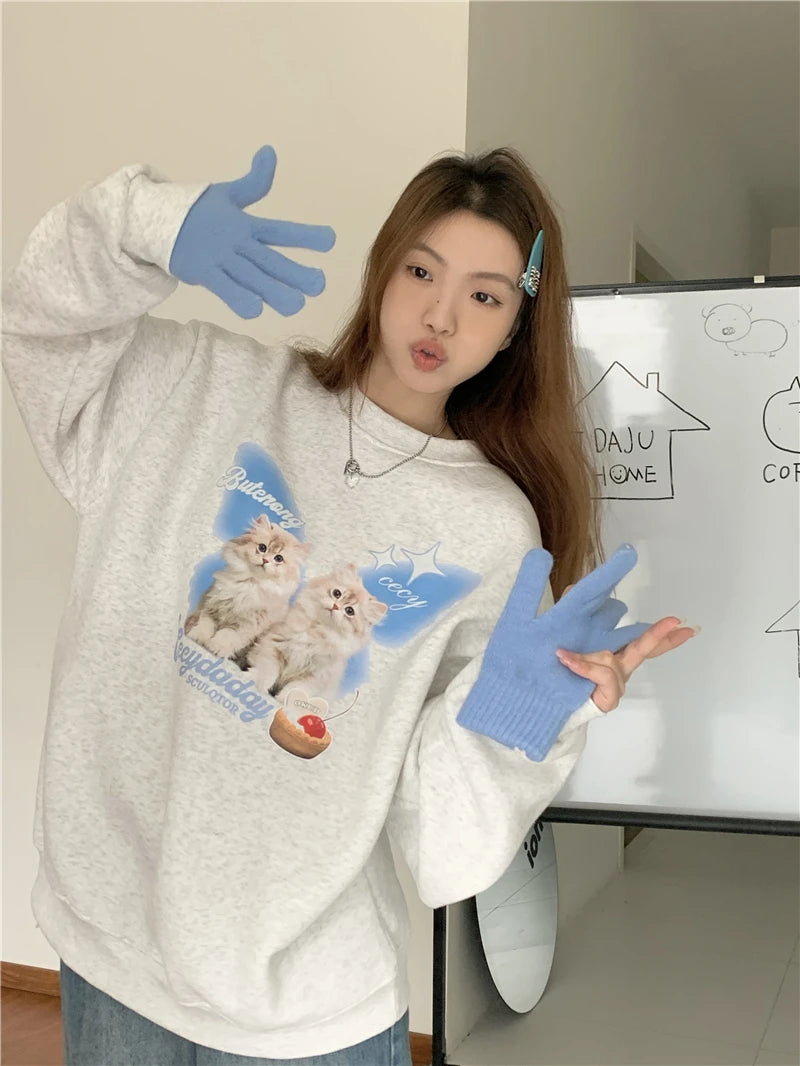 Chic Sweet O-neck Printed Hoodie Women Aesthetic Cartoon Kawaii Clothes Loose Casual Long Sleeve Y2K Top Harajuku Sweatshirts