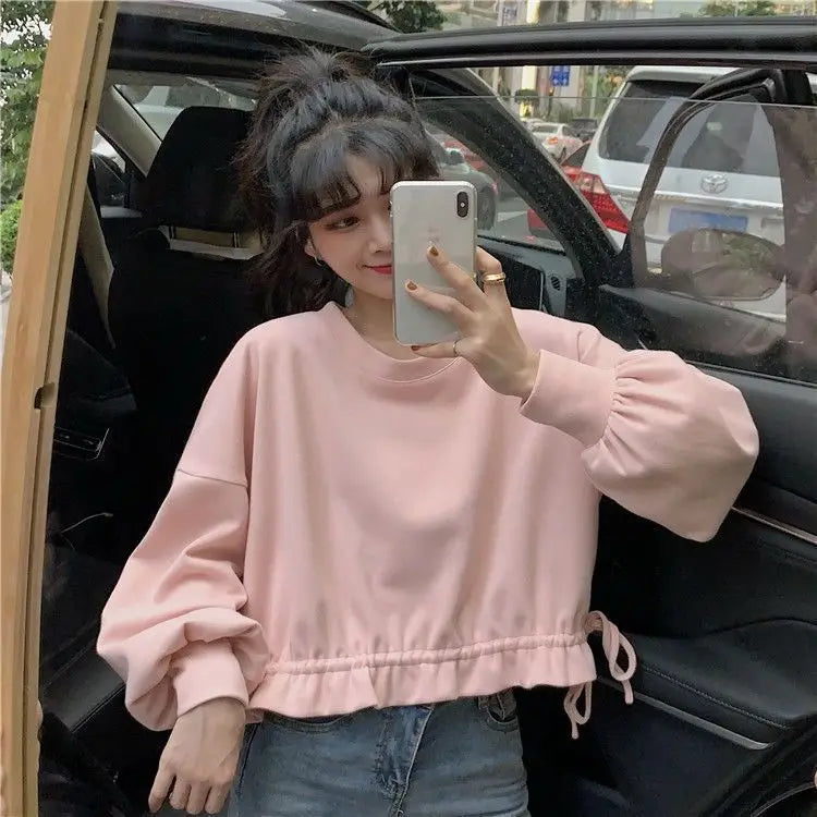 Cropped Sweatshirts Women Long Sleeve Autumn Clothing All-match Drawstring Elegant Students Solid Casual Streetwear Cute Sweet