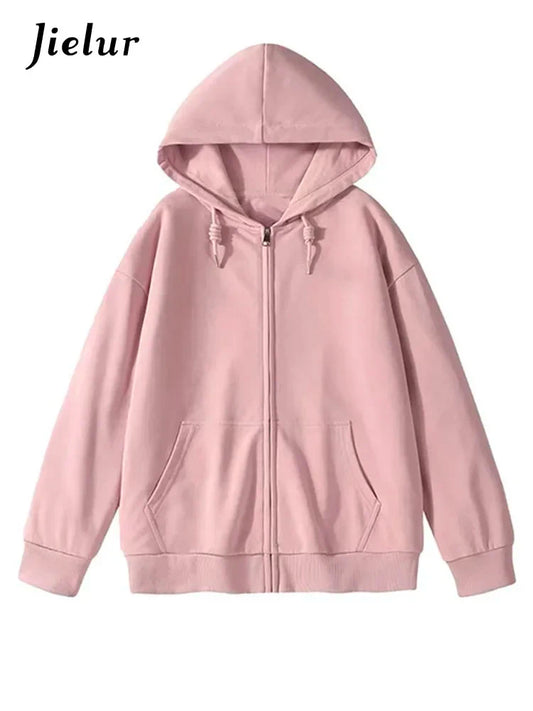 Jielur Solid Color Casual Drawstring Women's Hoodies Pockets Zip-up Simple O-neck Basic Streetwear Fashion Simple Office Ladies