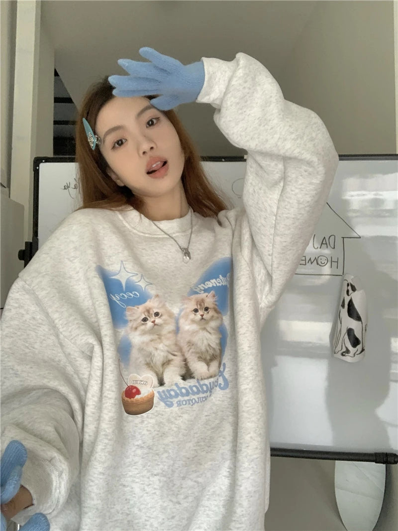 Chic Sweet O-neck Printed Hoodie Women Aesthetic Cartoon Kawaii Clothes Loose Casual Long Sleeve Y2K Top Harajuku Sweatshirts