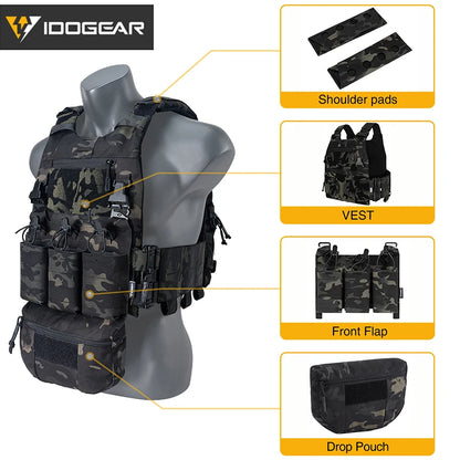 IDOGEAR Tactical FCSK 3.0EX Plate Carrier MOLLE Vest  with Triple Magazine Pouch For 5.56mm Drop Pouch Shoulder Pads