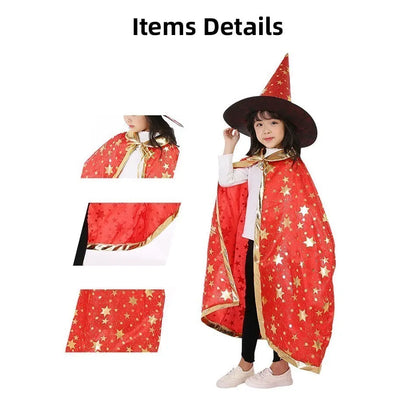 Kids Costume Teens Sparkly Halloween Cloak with Witch Hat Children Outfit Boy Girl Birthday Dress Up Long Party Photography Prop