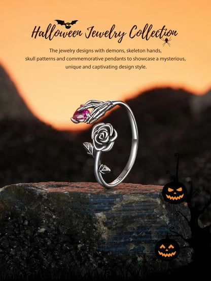 BAMOER Genuine 925 Sterling Silver Rose Skeleton Hand  Open Ring for Women Halloween Silver Finger Ring Fine Jewelry Party Gift