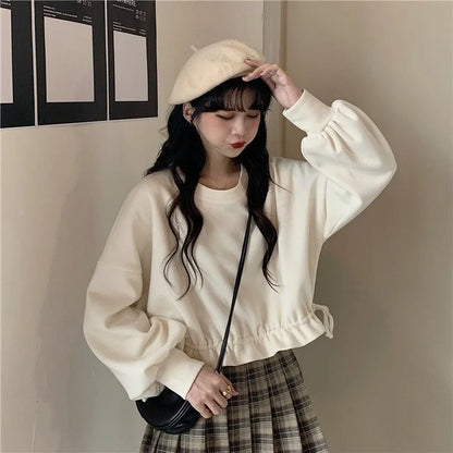 Cropped Sweatshirts Women Long Sleeve Autumn Clothing All-match Drawstring Elegant Students Solid Casual Streetwear Cute Sweet