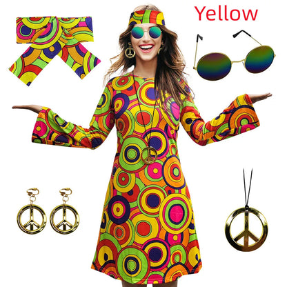 5pcs Set 60s 70s Women Hippie Costume Accessories Hippie Disco Dress , Halloween Boho Flared Hippie Dress