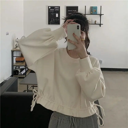 Cropped Sweatshirts Women Long Sleeve Autumn Clothing All-match Drawstring Elegant Students Solid Casual Streetwear Cute Sweet