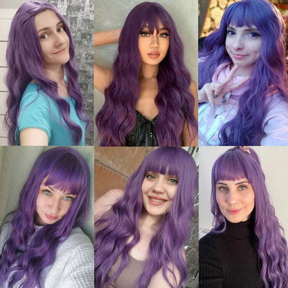 Long Purple Synthetic Body Wavy Wig with Bangs for Black Women Cosplay Party Christmas Halloween Wigs Daily Natural Hair