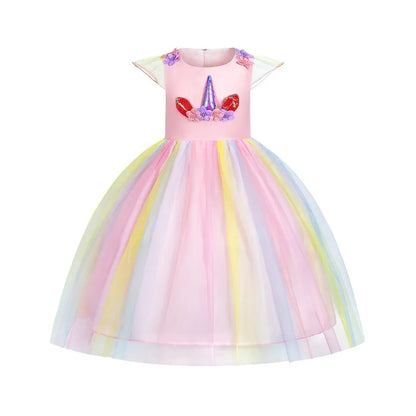 Girls Rainbow Unicorn Dance Party Tutu Kids Dress Up Cosplay Ball Gown Princess Costume Birthday Gift Halloween Carnival