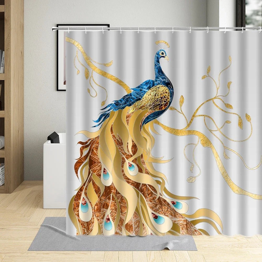 Golden Peacocks Printed Bathroom Set Shower Curtain Waterproof Dream Animal Elegant Bath Screen For Art Decor Curtains With Hook