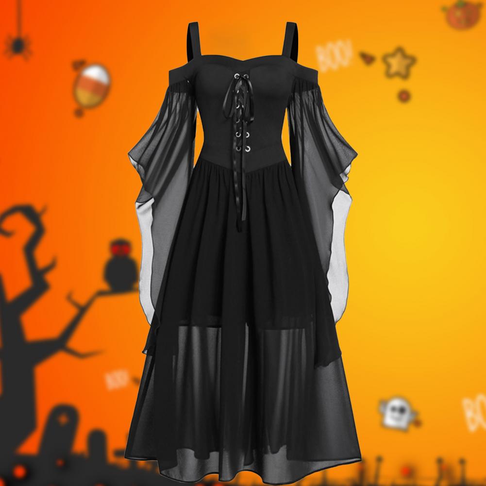 2022 Gothic Medieval Dress Cosplay Carnival Dresses Women Cold Shoulder Butterfly Sleeve Lace Up Halloween Dress Robe Femme