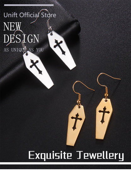 Gothic Death Cross Cutout Coffin Earrings Drop Earring Women Stainless Steel Goth Punk Jewelry Y2k Accessories Halloween Gift