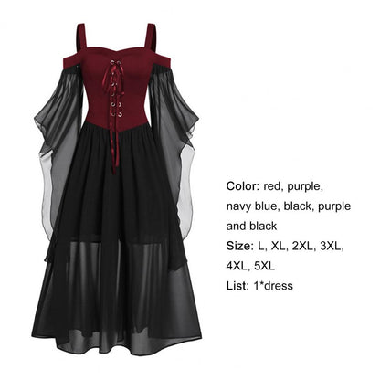 2022 Gothic Medieval Dress Cosplay Carnival Dresses Women Cold Shoulder Butterfly Sleeve Lace Up Halloween Dress Robe Femme