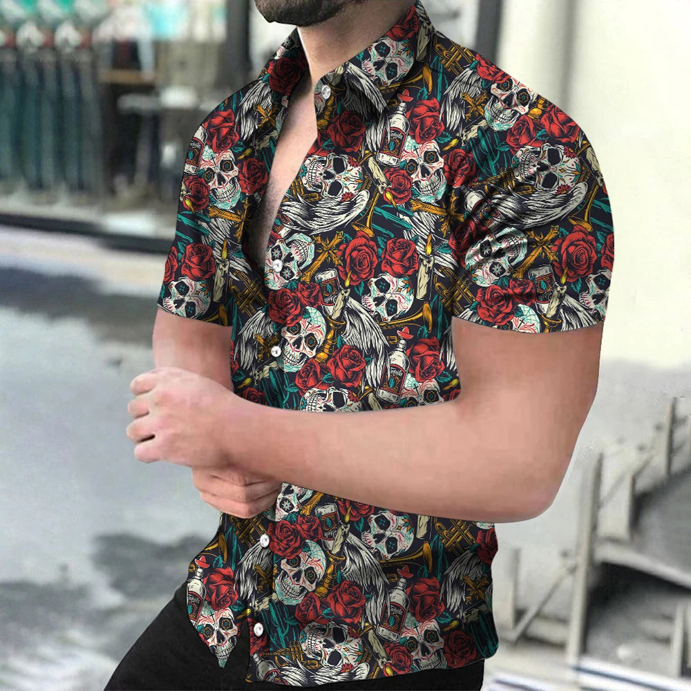 2023 News Hawaiian Horror Skull Men's Shirt Floral 3D Print Lapel Single Button Fashion Casual Beach Top Passionate And Spicy