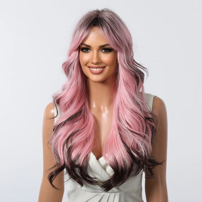 Black Pink Ombre Synthetic Wigs Long Body Wave Colored Wigs with Bangs Loose Wave Wig for Afro Women Brazilian Halloween Cosplay