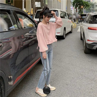 Cropped Sweatshirts Women Long Sleeve Autumn Clothing All-match Drawstring Elegant Students Solid Casual Streetwear Cute Sweet